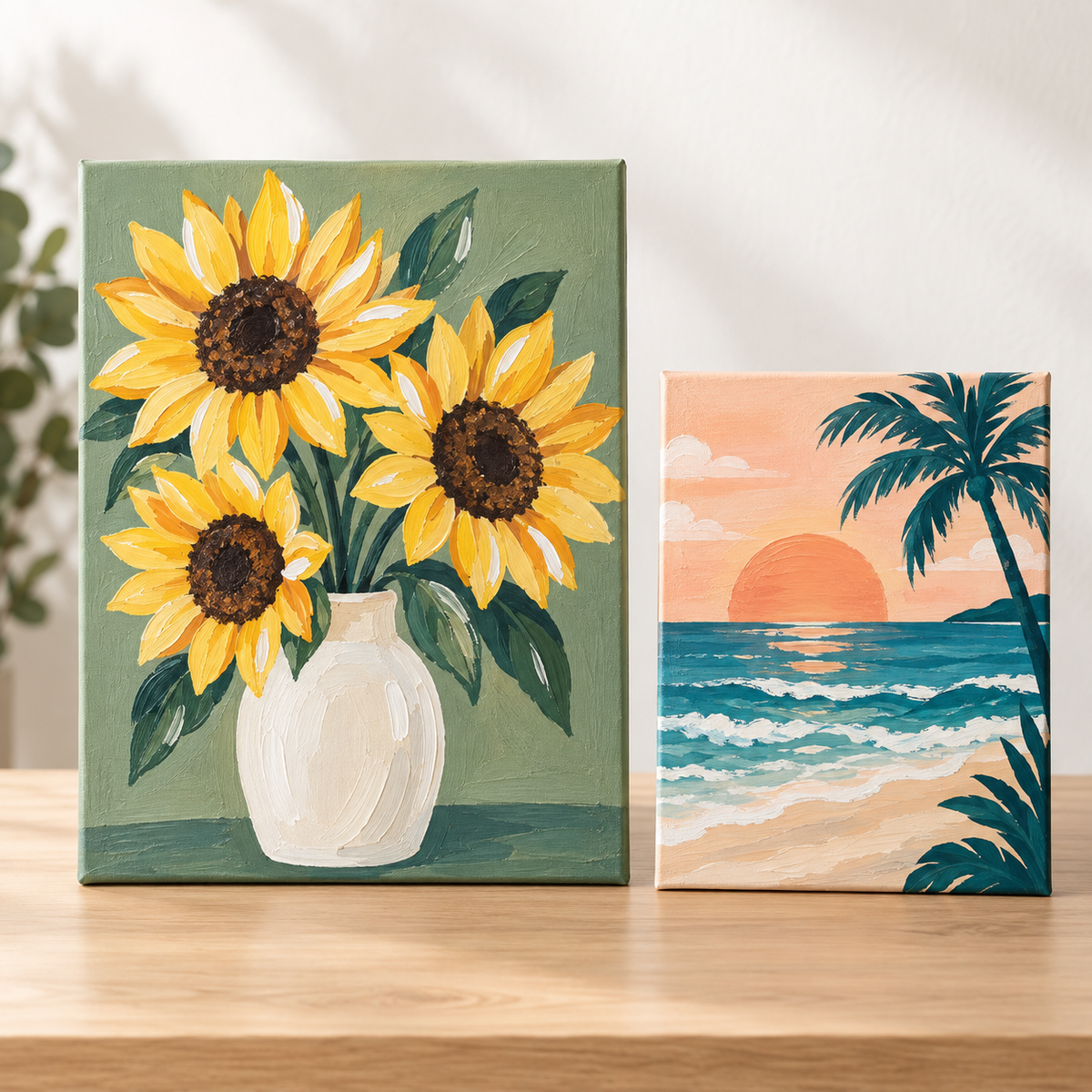 Example sunflower and coastal paintings showing the two canvas sizes