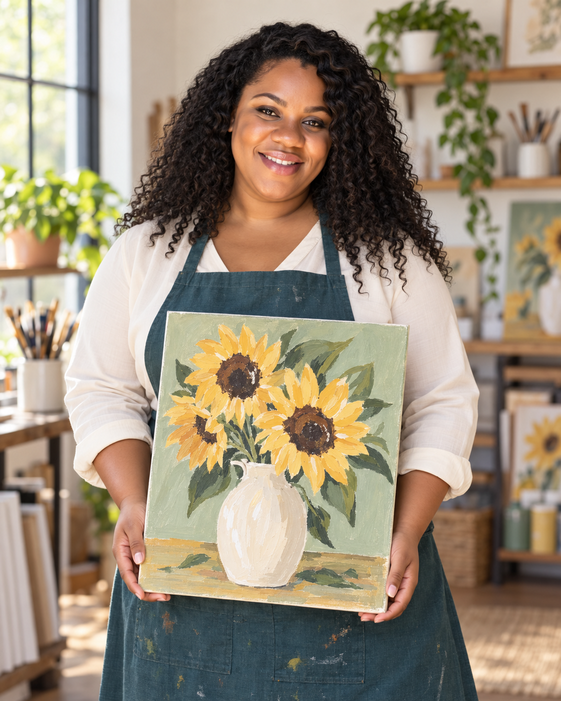Crystal smiling and holding a sunflower painting in a creative studio