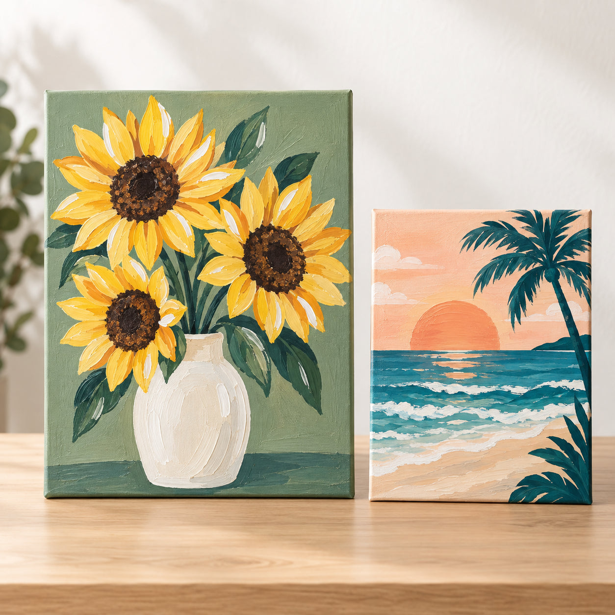 Example painted canvases showing 11×14 and 8×10 size options. Paint Parties selects the sample designs.