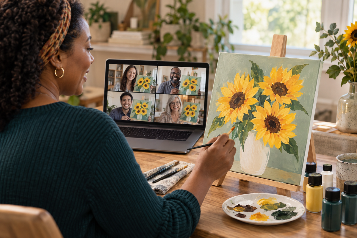 Illustrative scene of colleagues painting together during a virtual experience